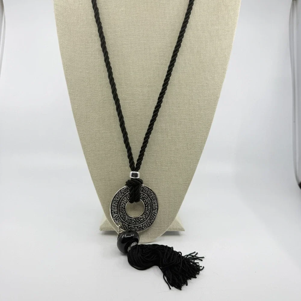 Necklace Vintage Black Cord Tassel Silver Tone Rhinestone Circle Pendant Boho